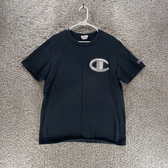 Champion Shirt Adult Large Black Big Embroidered Logo Vintage Crewneck Cotton - Picture 1 of 10